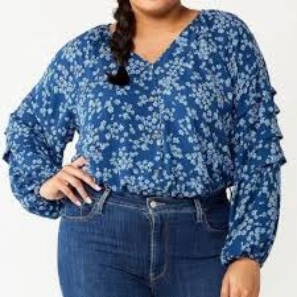 Draper James RSVP Blue Floral Long Ruffled Sleeve Bodysuit Size 2X